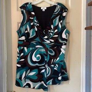 Women’s Cato Sleeveless Floral Blouse Size 18-20W Teal Brown & White V Neck